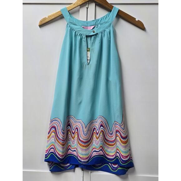 Lilly Pulitzer 100% Silk Rogan Shorely Blue The Catch Stripe Engineer Top New L - Picture 1 of 4